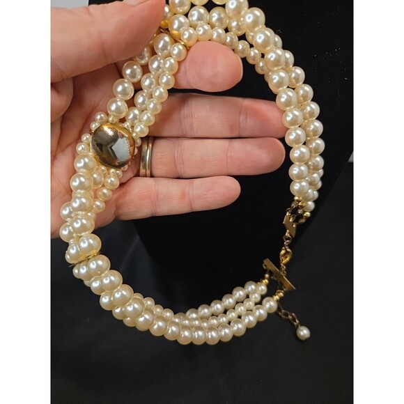 Vintage 3 Strand Faux Pearl Bridal Choker Goldtone & Rhinestone Accents 12"-16" - Picture 9 of 10